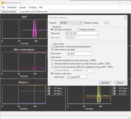 DataView interface showing BVP events creation