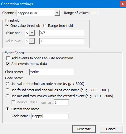 Generation settings window for emotional events in INTERACT