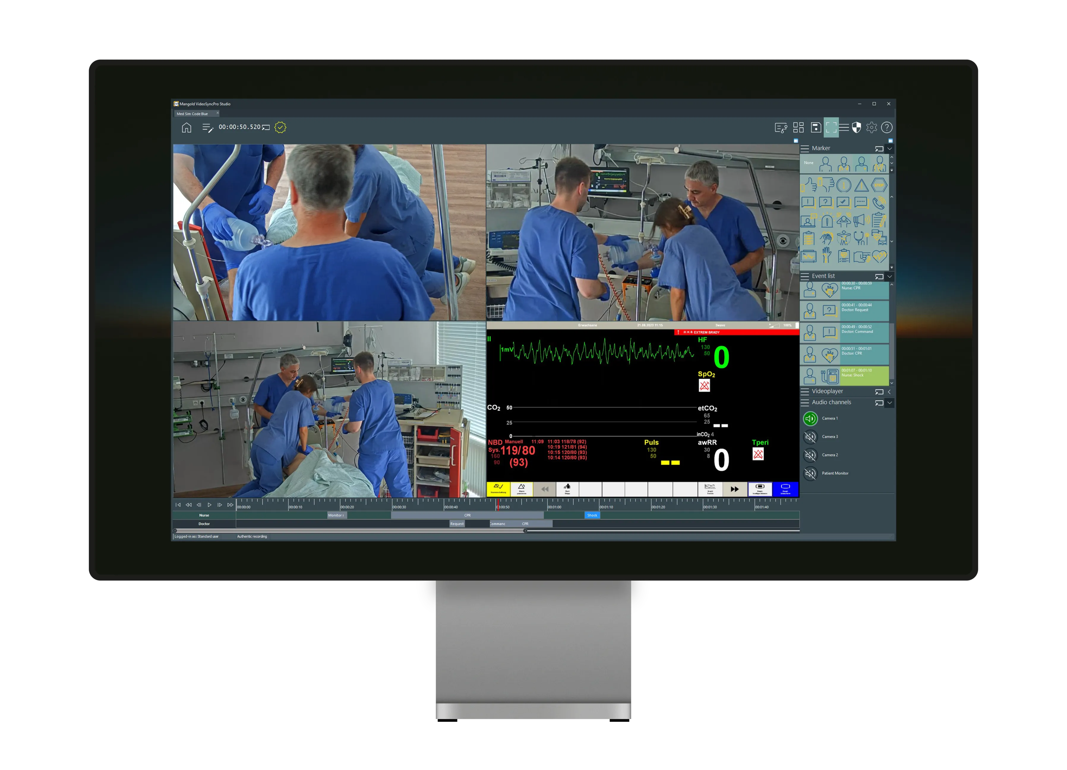 Medical simulation training recording in Mangold VideoSyncPro on a monitor